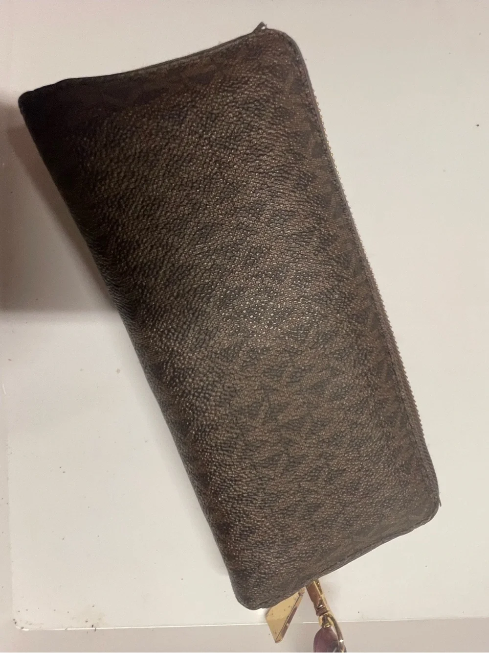 Michael Kors Brown Logo Zip Wallet with Gold Plate